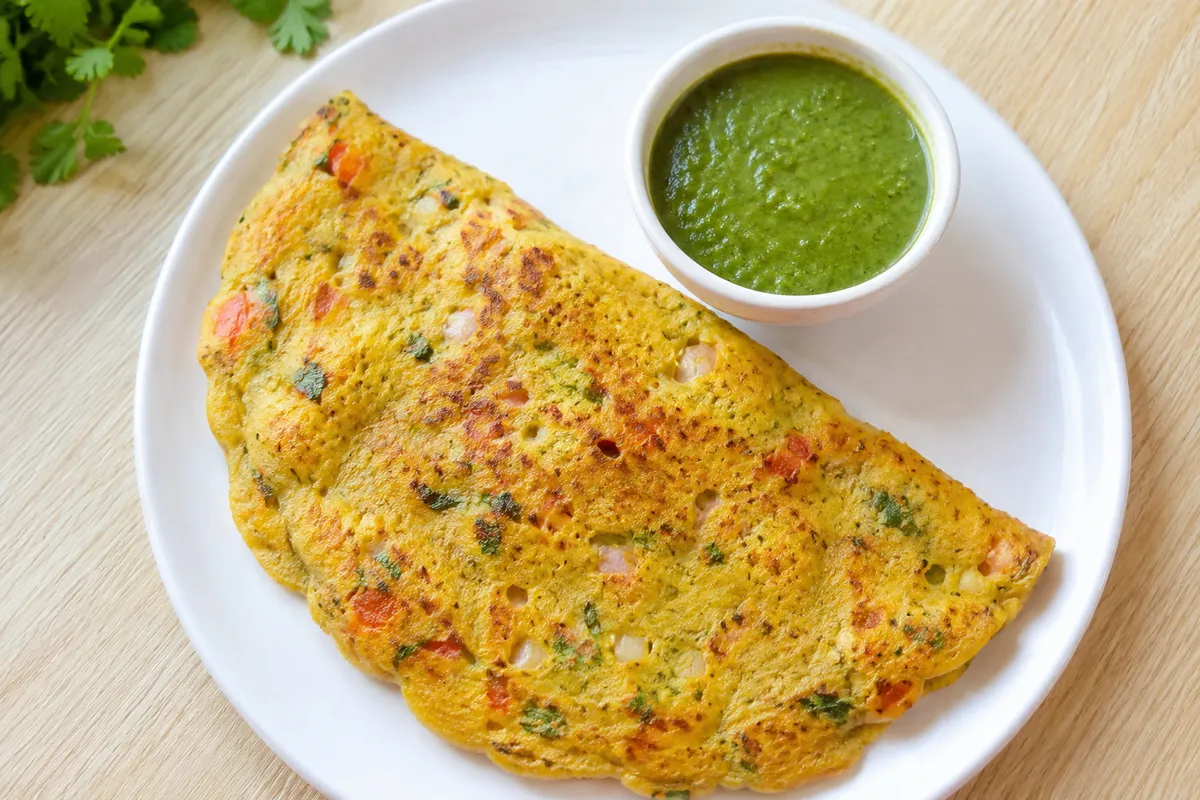 A folded besan chilla with chopped vegetables on a plate