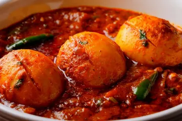 A bowl of egg curry with boiled eggs in a spiced gravy
