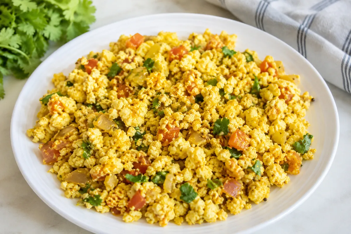 Scrambled paneer bhurji with onion and tomato in a pan